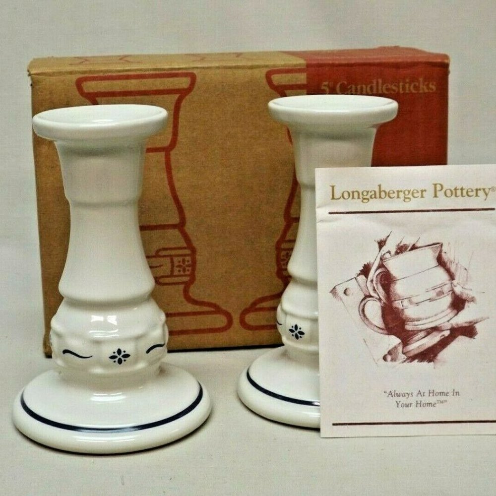 Longaberger Pottery Woven Traditions Classic Blue  5" Candlesticks New in Box